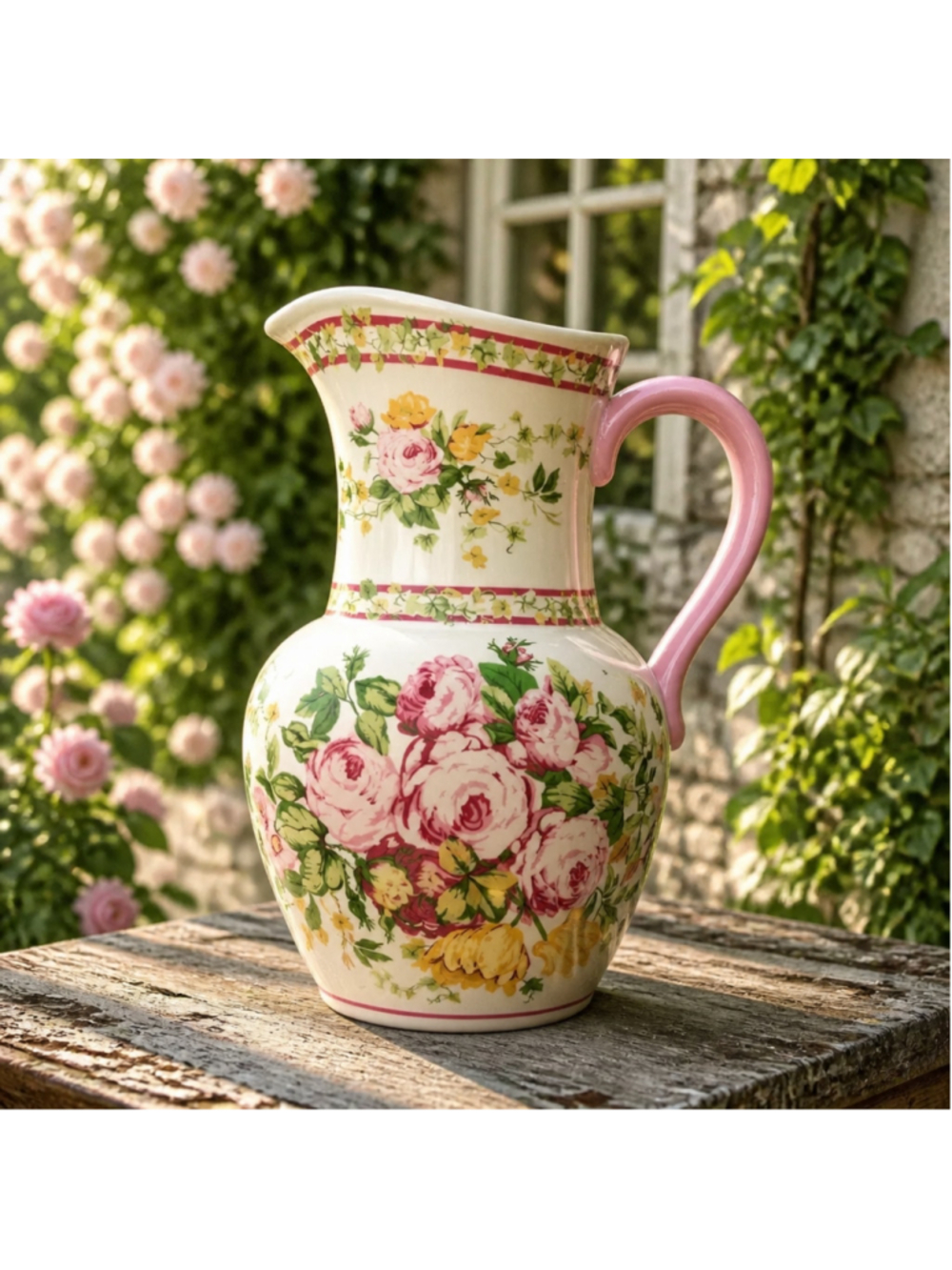 Vintage Laura Ashley FTD Floral Ceramic Pitcher Vase Cottage English Garden